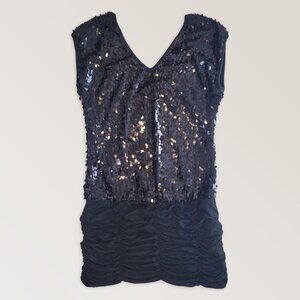 HKR Black Sequins Ruched Holiday Dress, Cocktail V Neck Mini Dress, Size…